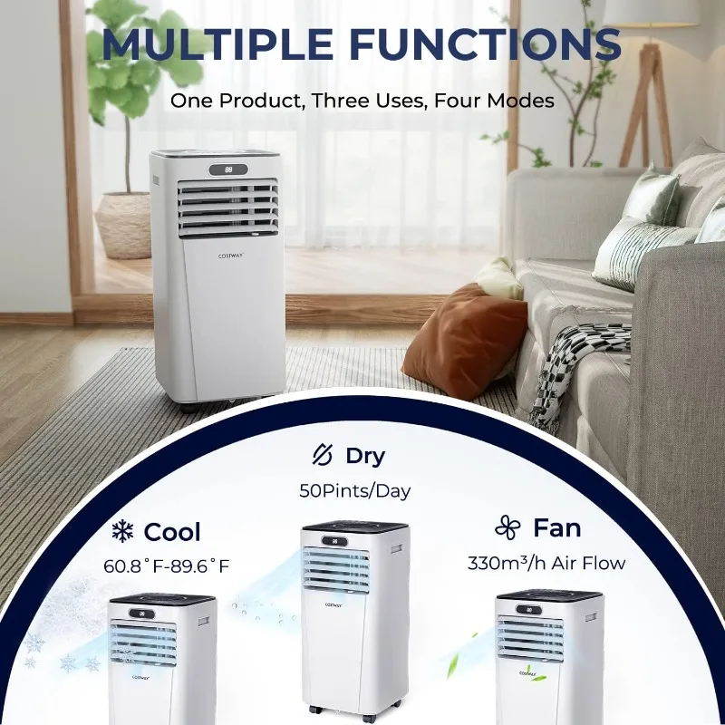 COSTWAY Portable Air Conditioner, 10000BTU Air Cooler with Drying, Fan, Sleep Mode, 2 Speeds, 24H Timer Function, Remote Control