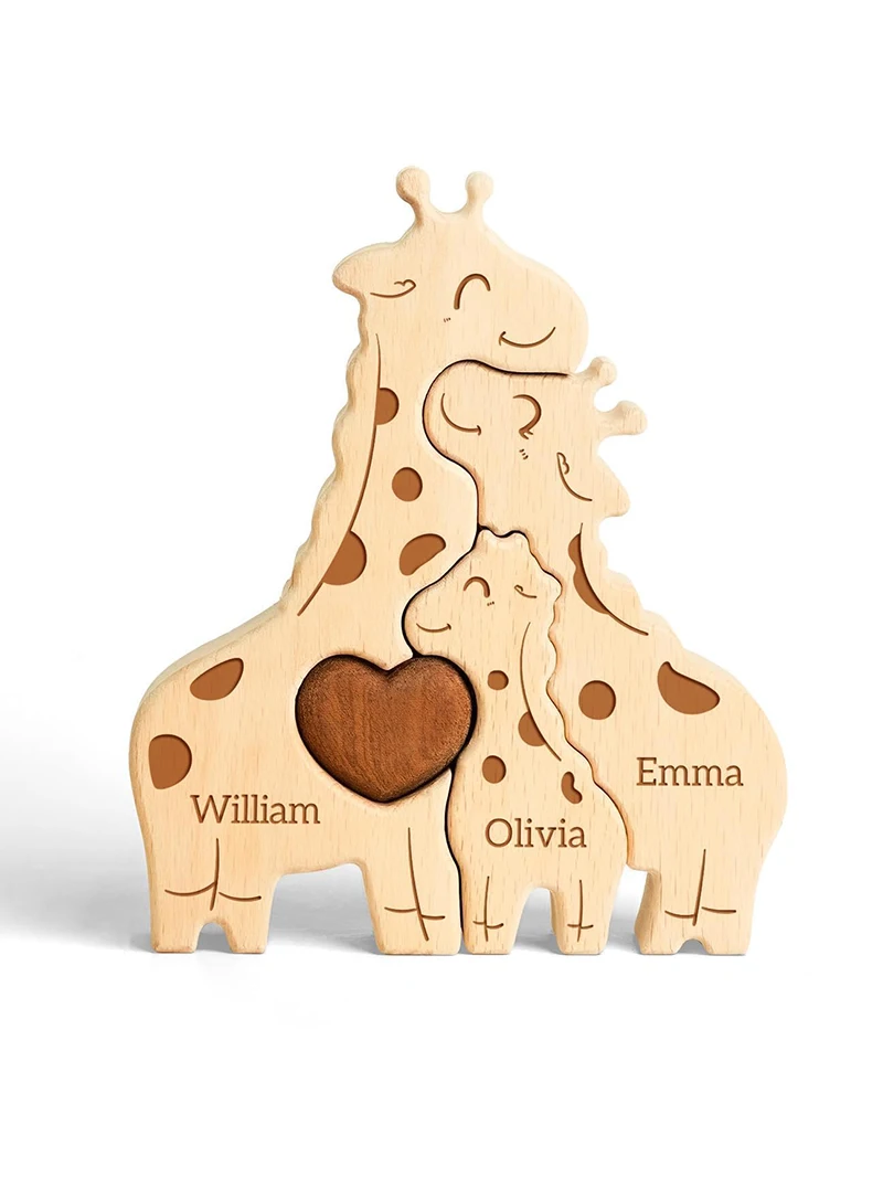 Girafes en bois 2-5 Puzzle familial Puzzle en bois personnalisé Puzzle avec nom personnalisé pour la décoration artisanale de la maison Cadeaux de famille