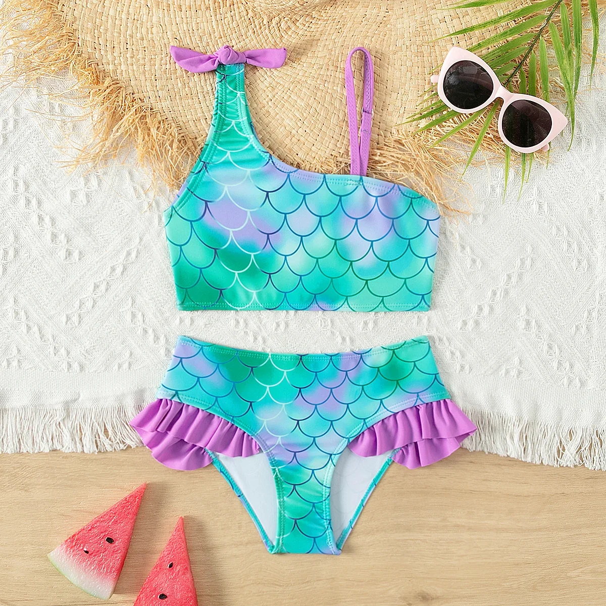 

Fish Scale Print Ruffle Deco Stretchy Beach Surf Girls Kids Bikinis Adjustable Child Girls Kids Summer Beach Swimwear Swimsuit