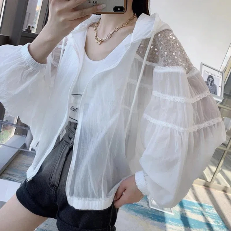 2024 Women's Clothing Summer Long Sleeve Hooded Hollow Out Spliced Sequin Fashionable Young Style Sunscreen Ventilation Coats