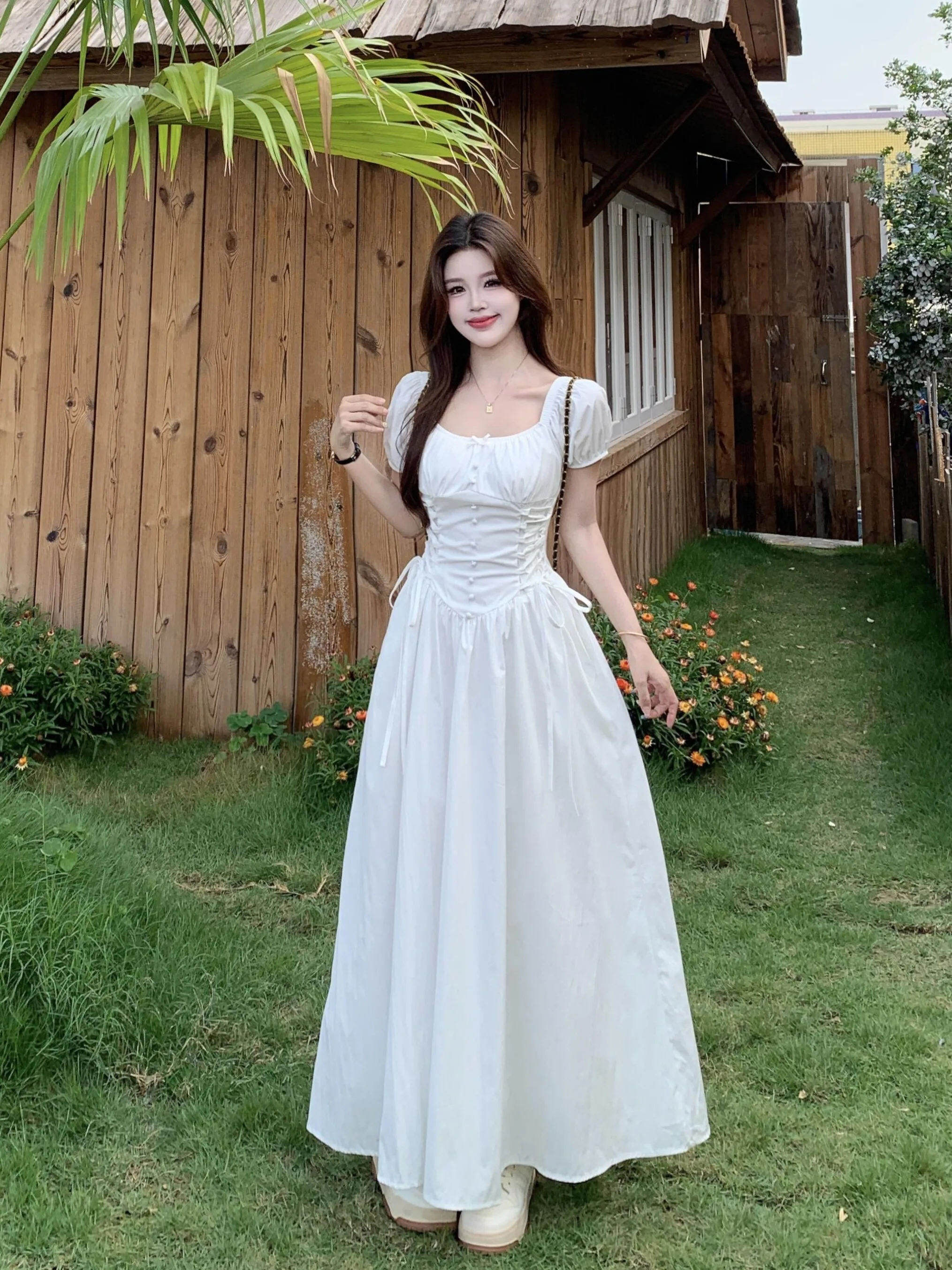 

Sweet Style plus Size Women's Dress with Bow Tie Bubble Sleeve A-Line Long Summer New Fashion Waist Cinching Korean Version