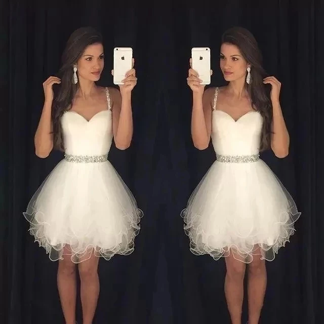 ANGELSBRIDEP White Crytal Short Spaghetti Straps Homecoming Dresses Ruffles Tulle Graduation Formal Party Dresses Ball Gowns