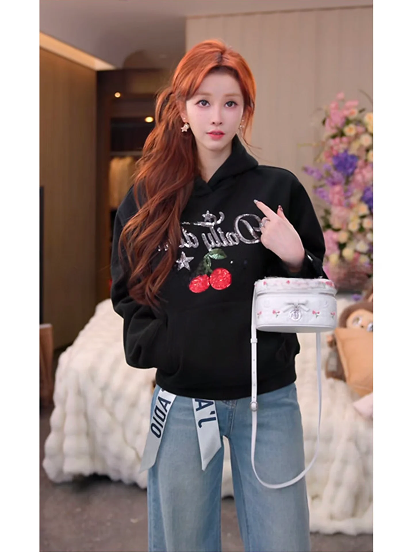 

Thiened Fce Hooded Letter Print Sweatirt Women's Winter Inner Match Loose Fit Casual Streetwear Cotton 00%