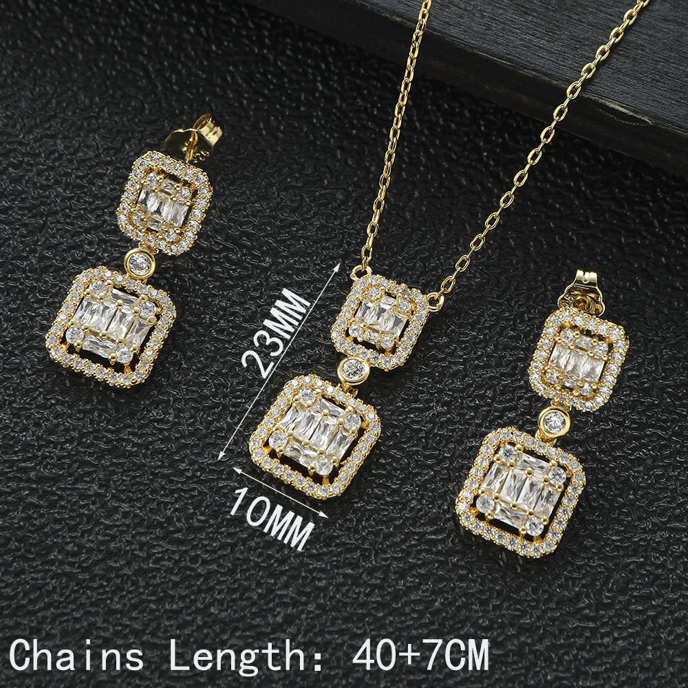 Luxury Sparkling Geometric Hollow Out Square Cubic Zircon Dubai Bridal Necklace Stud Earring Jewelry Sets Summer Party S523