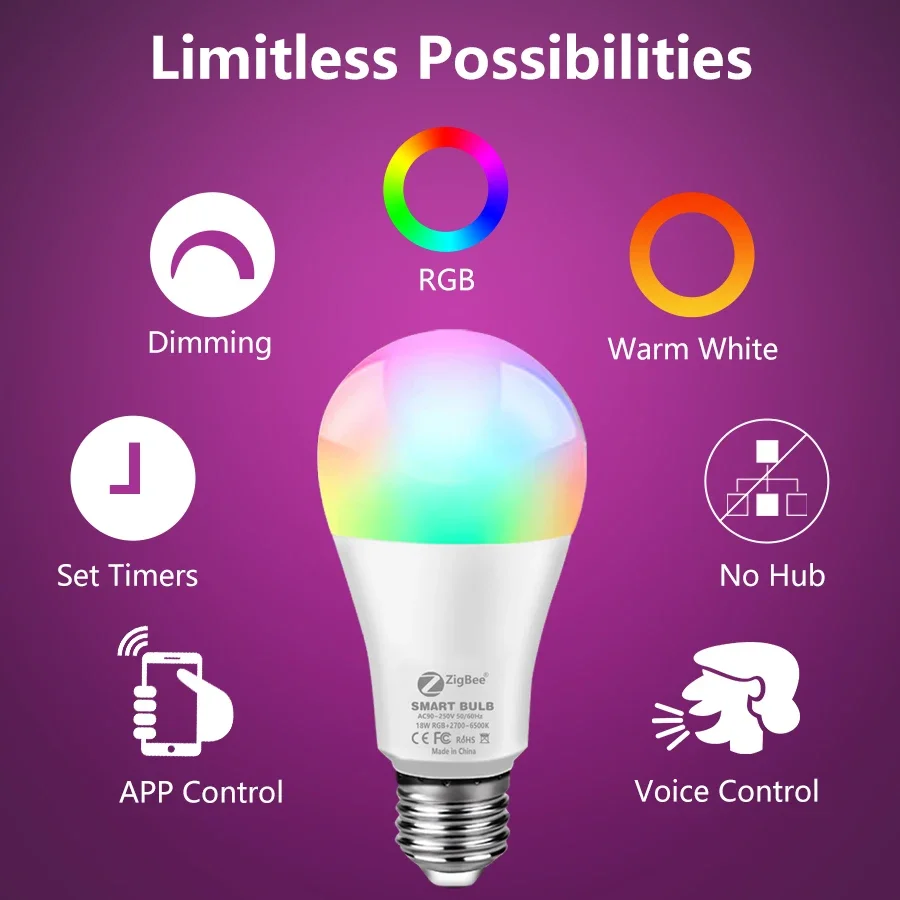 ZigBee-Lâmpada LED com controle de voz inteligente, lâmpada com temporizador regulável, Tuya Smart Life, funciona com Alexa, Google Home, E27, 12W, 15W, 18W, RGB, CW, WW