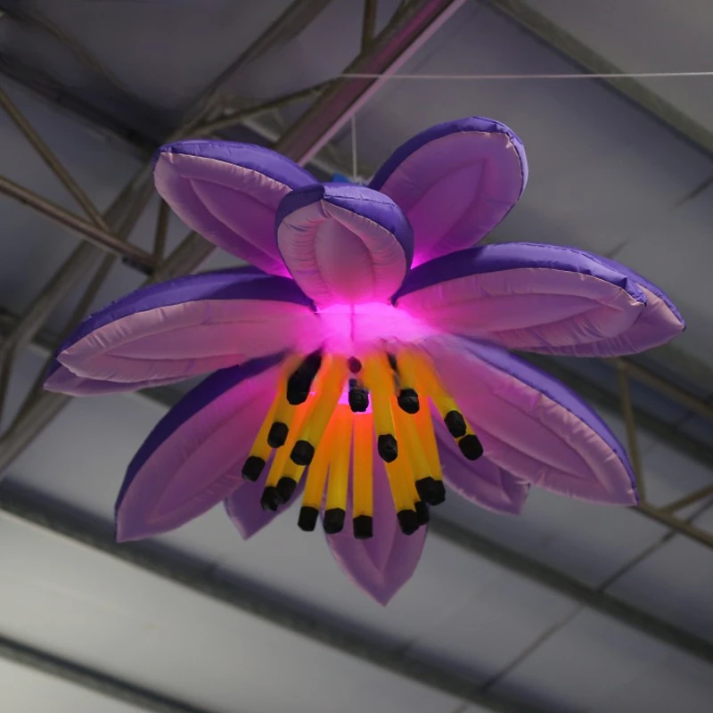 Flower Inflatable 1m Dia Inflatable Led Hanging  Purple Flower With 16 Colors Changing Light For Event Showing Stage Decoration