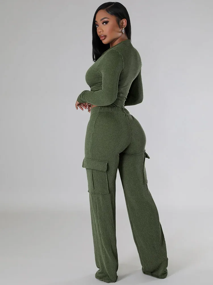 Autumn Winter Ribbed Tracksuit Women Two Piece Set Long Sleeve Zip Bodysuit and Pocket Cargo Pants Sporty Fitness Matching Sets