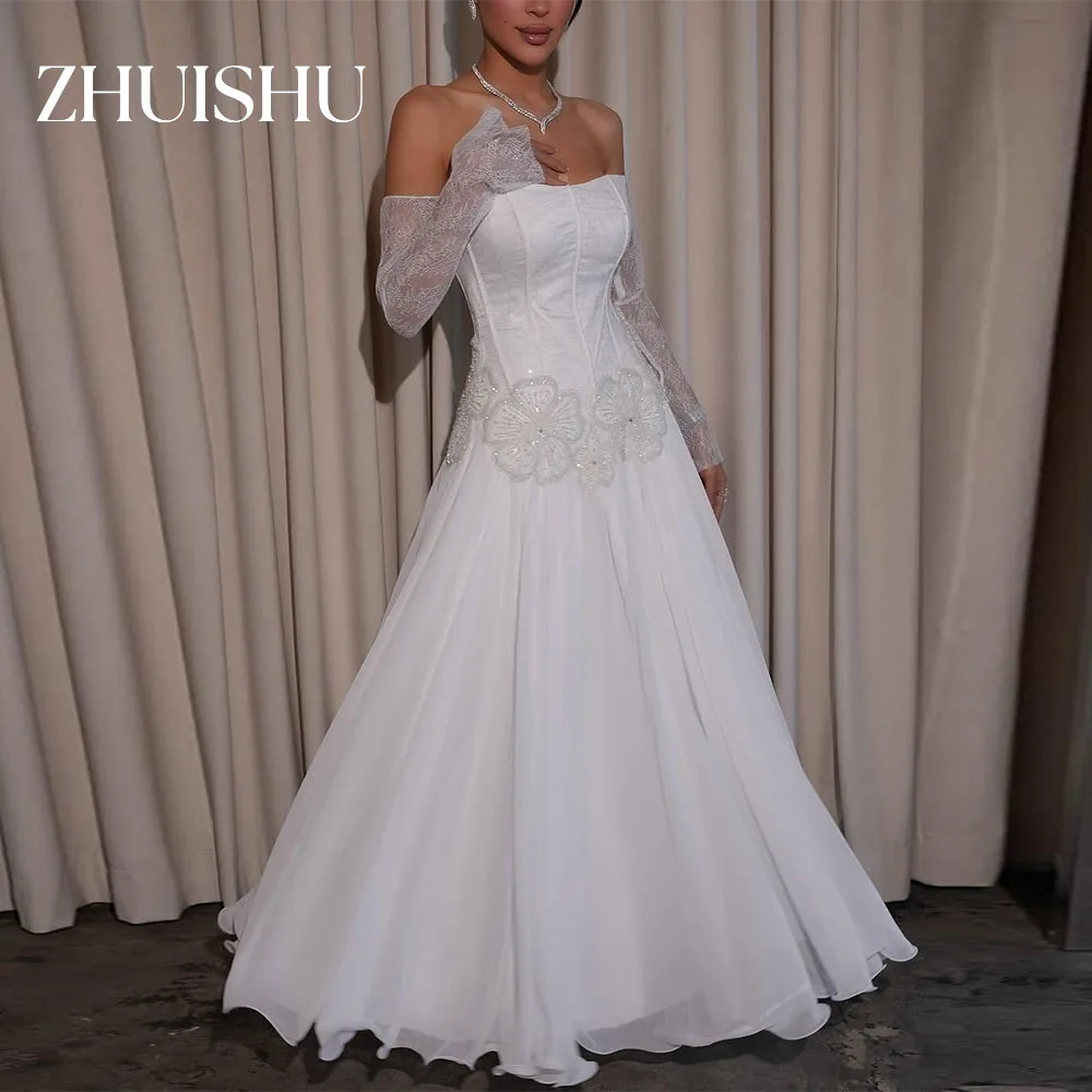 ZHUISHU Boat Neck Lace 3/4 Sleeves Prom Dresses A Line Floral Appliques Women Party Dresses Customized Wedding Party Gown Bride