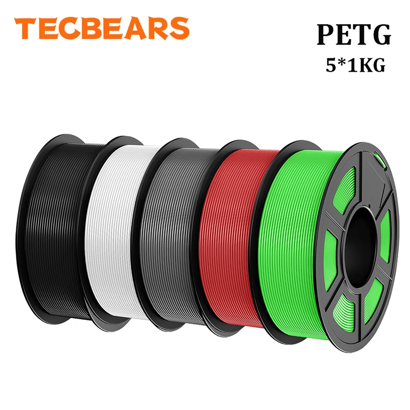 TECBEARS PETG 3D-Drucker Filament 1,75mm 5 Rollen 5KG Mehrfarbig PETG Vakuumverpackung 100% Blasenfrei für FDM DIY Geschenkmaterial