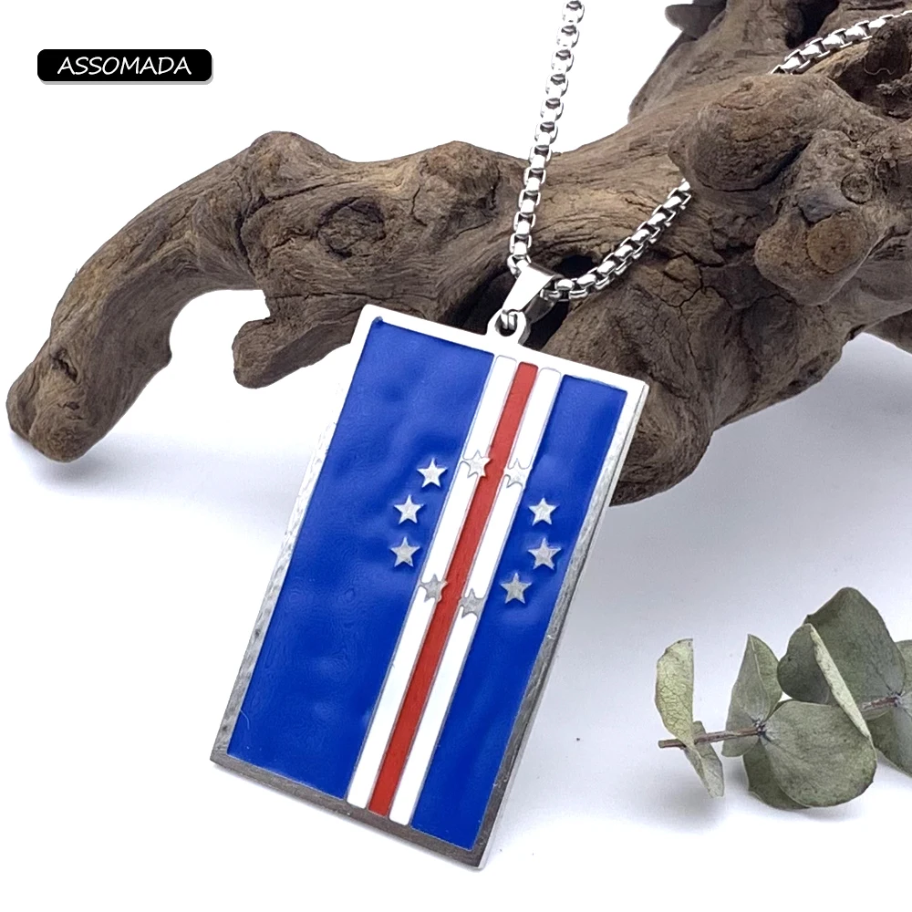 ASSOMADA Stainless Steel Cape Verde Charms Pendant For Men Handmade Flag Shape Necklace DIY Jewelry Gift Cabo Verde