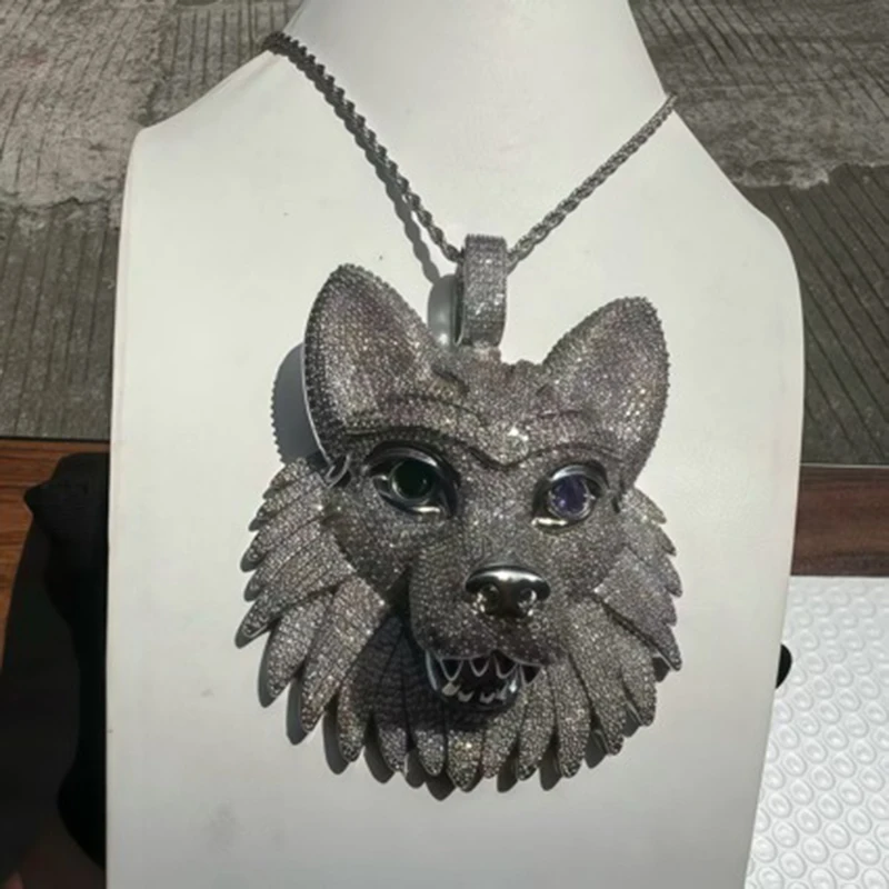 Hip Hop 5A+ CZ Stone Bling Ice Out Big Sold Wolf head Pendants Necklace for Men Rapper Jewelry Silver Color