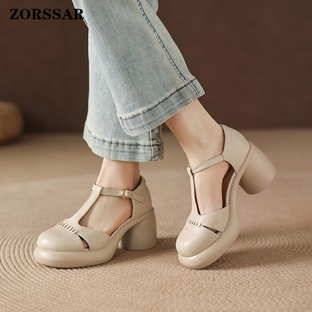 Women T-Strap Mary Jane Sandals Chunky Block Heel Closed Toe Platform Pumps Buckle Ankle Strap Casual Office Leather Shoes