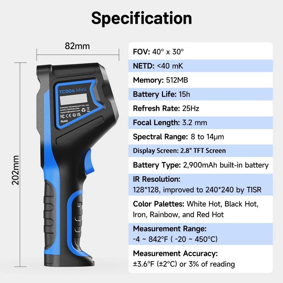 TOPDON TC004 Mini Handheld Thermal Imaging Camera, 25Hz IR Infrared Thermography Tool, High/Low Temp Alerts, 15H Battery, Industrial Heat Diagnostic Imaging Camera for Car Repair