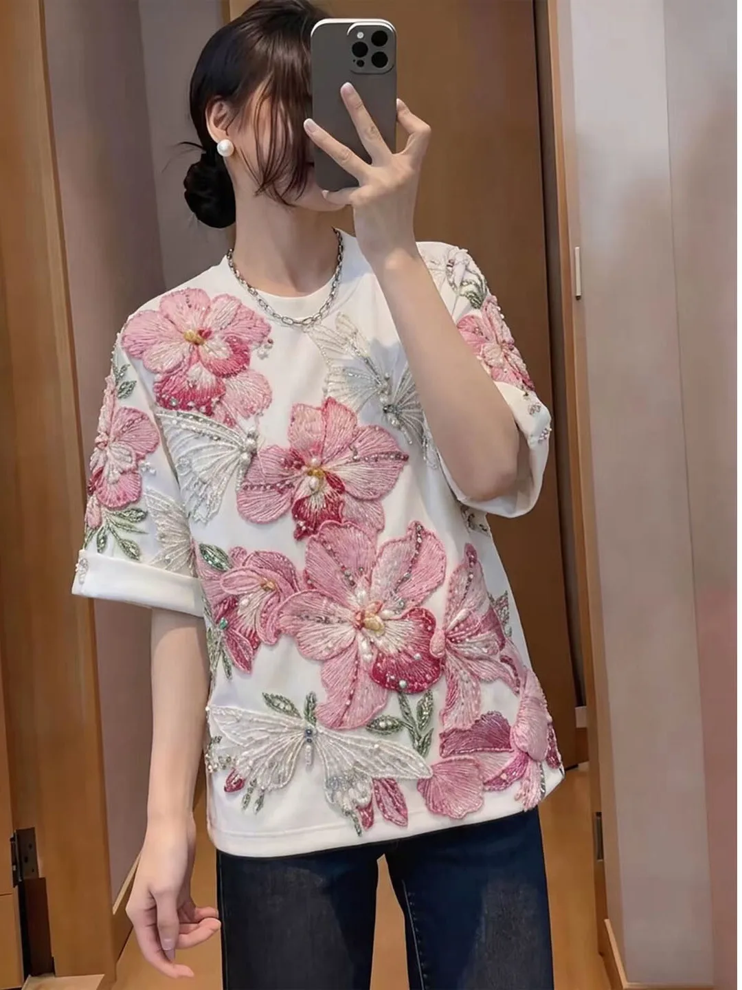 Summer Heavy Work T-Shirt Women's Loose Short Sleeve  Floral Print Rhinestone Embellished Top Versatile Casual Wear