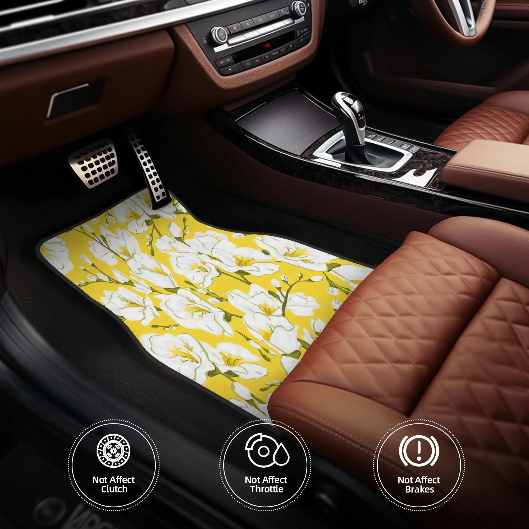 4pcs White Freesia On A Yellow Background Car Floor Mats, Durable, Fit For Cars, Ideal Gift, Vehicle Interior Mats, Playful Desi