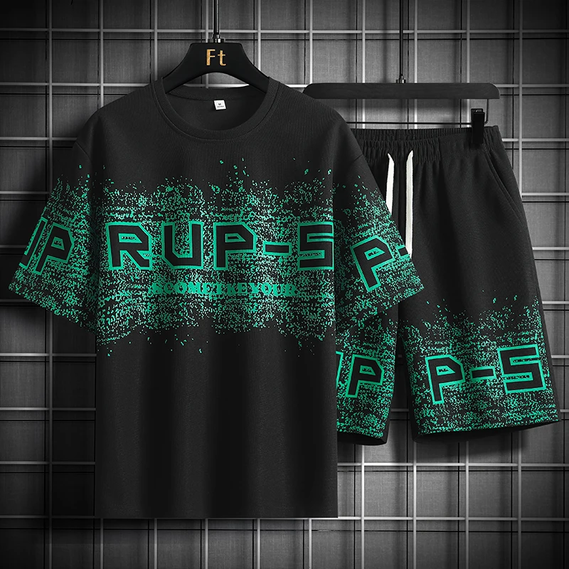 

2025 Summer Black White Tracksuits For Men's Set Sleeves T-Shirt + Shorts Sportswear Brand Sporting Suit Oversize 5XL