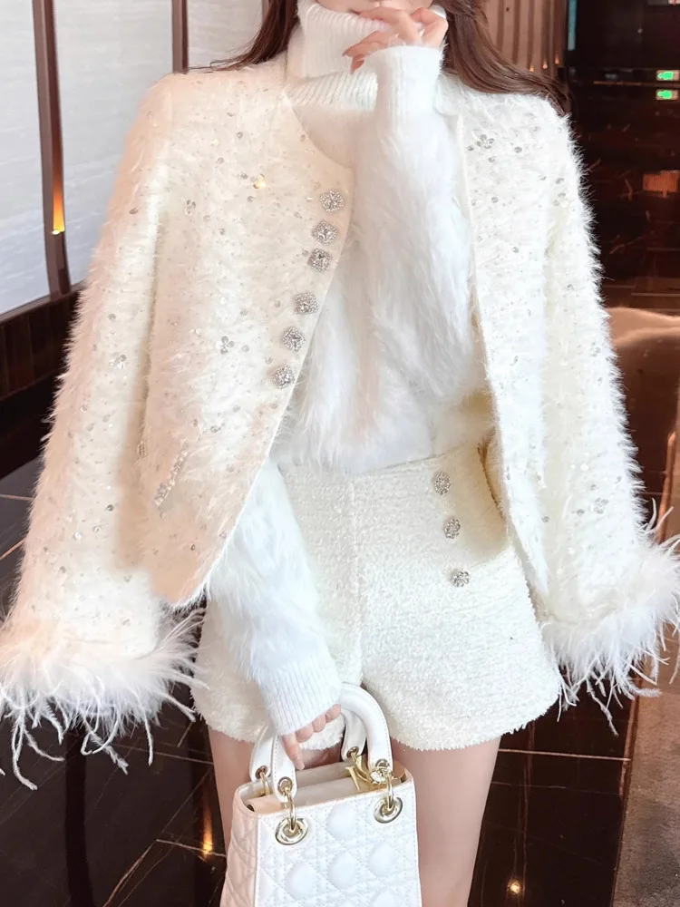 UCXQ Fashion Short Jacket Korean Style O Neck Sequined Ostrich Fur Long Sleeve Elegant Warm Coat Women 2024 Autumn Winter 3C1975