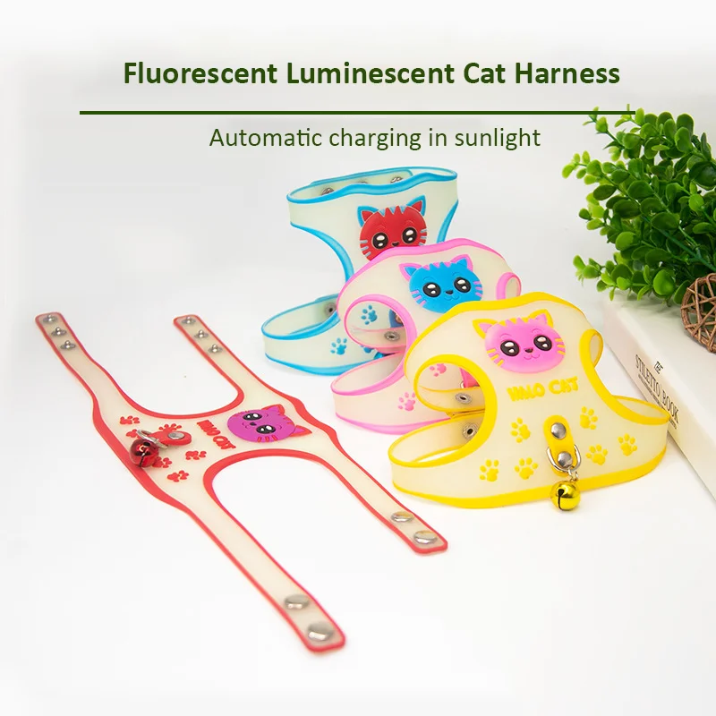 Glowing Cats Harness with Bells Fluorescent At Night Small Cat Silicone Harness Leash Set Anti-Lost No Need to Charge