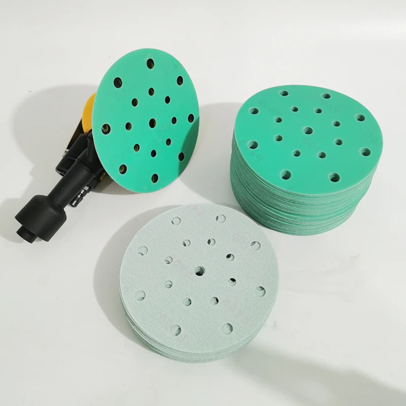 

Green sand 6-inch 17-hole dry sanding paper for automotive use, 150mm flocked disc, green backing, dust-free sanding for MIRKA