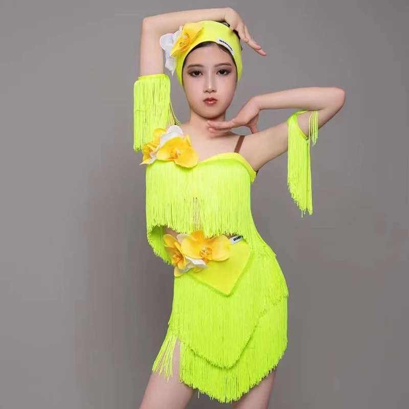 Nieuwe Latin Dans Kostuum Meisjes Kwastje Concurrentie Jurk Cha Cha Rumba Samba Prestaties Fringe Pak Kids Praktijk Kleding NV18201