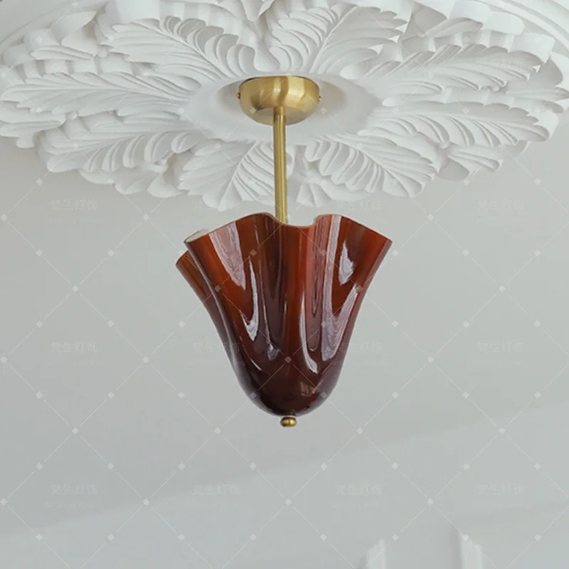 Modern Hand Blown Glass Ceiling Light, Art Petal Shape Semi Flush Mount Ceiling Lamp, Vintage Amber Glass Chandelier for Hallway