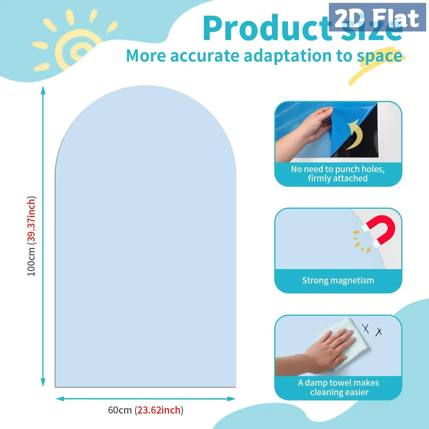 1 قطعة ملصق حائط على شكل سبورة بيضاء مقوسة قابلة للفصل باللون الأزرق الفاتح، ديكور غرفة المعيشة وغرفة النوم