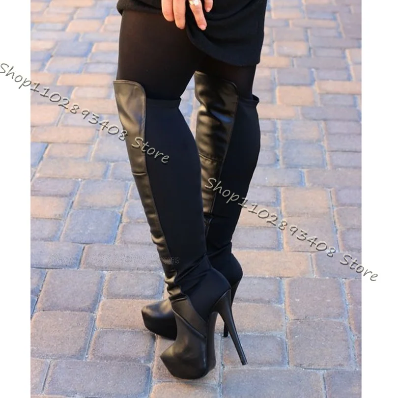 

Black Knit Spliced Platform Boots Stiletto High Heels Round Toe Shoes Winter Elastic Women Over Knee Boots Zapatos Para Mujere