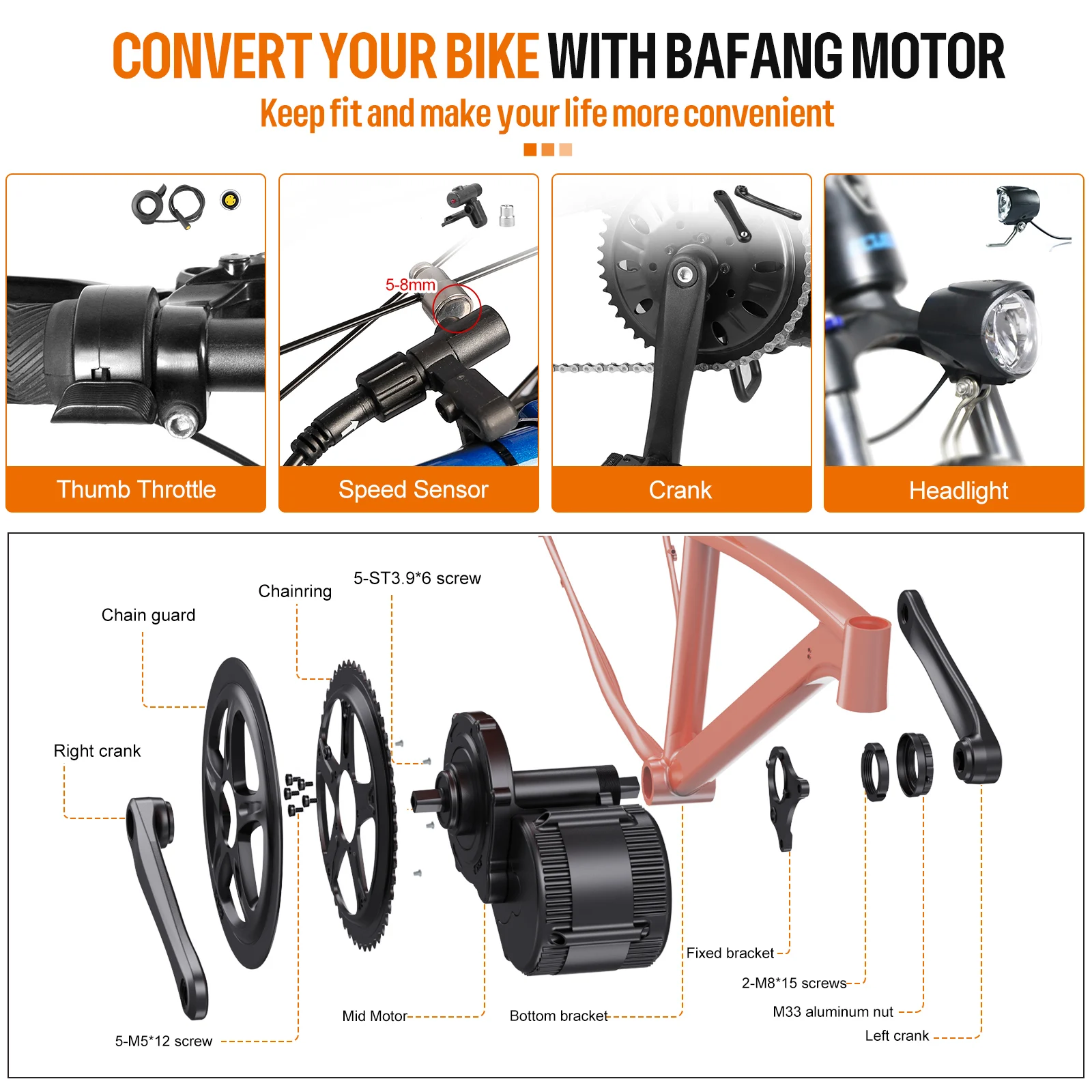 Bafang Engine 250W 350W 500W 750W 1000W Motor Kit 36V 48V 52V Mid
