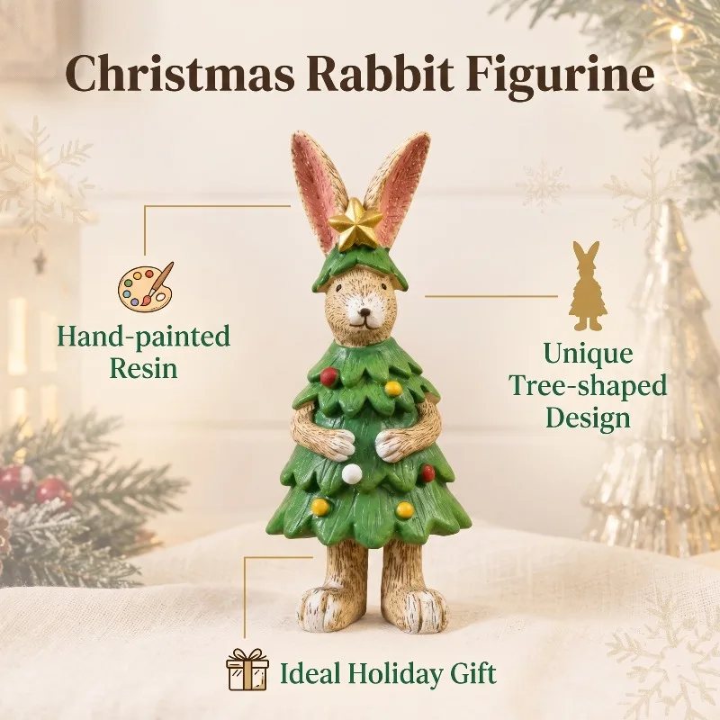 1pc Resin Rabbit Figurine Cute Christmas Bunny Tree Shaped Sculpture Tabletop Ornament Home Bedroom Decoration Crafts Gift