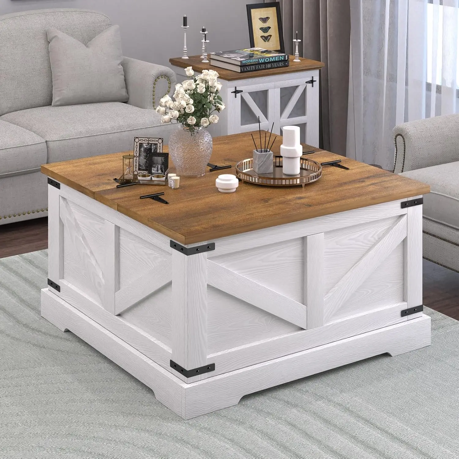 

Farmhouse Coffee Table With Hidden Storage Compartment, White Square Coffee Table For Living Room, Wood Center Table With Hinged
