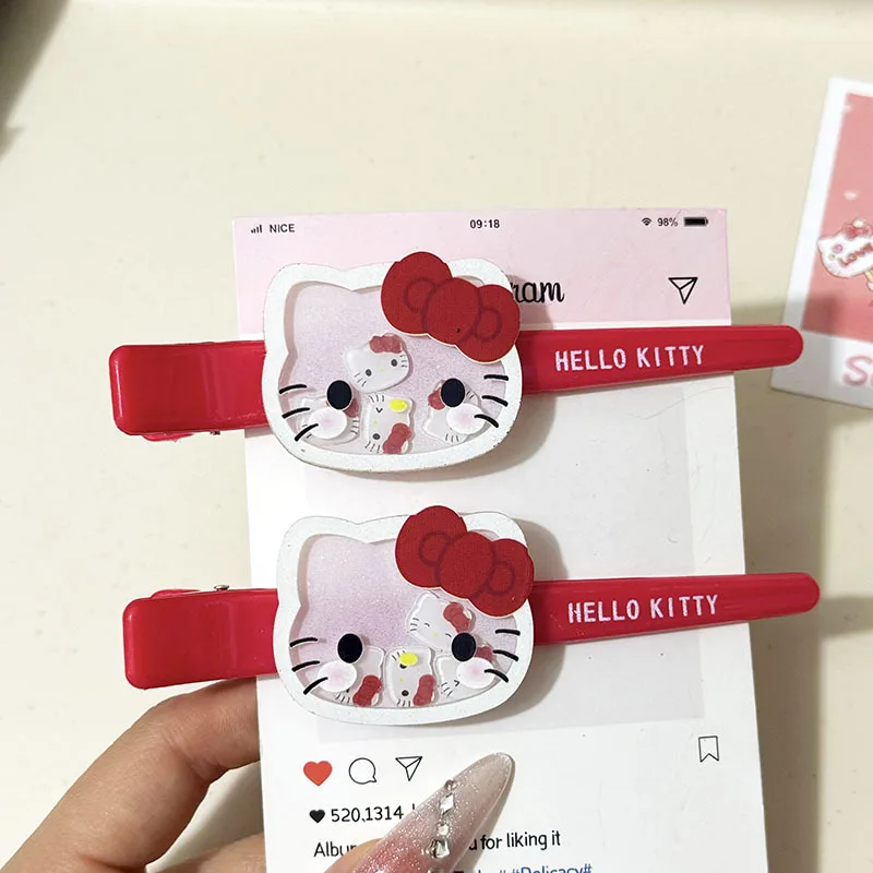 Pince à cheveux Hello Kitty, pince latérale pour franges, motif dessin animé, pour étudiantes, ornement de coiffure, cadeau pour les fans de Hello Kitty, accessoire Kawaii, nœud rouge