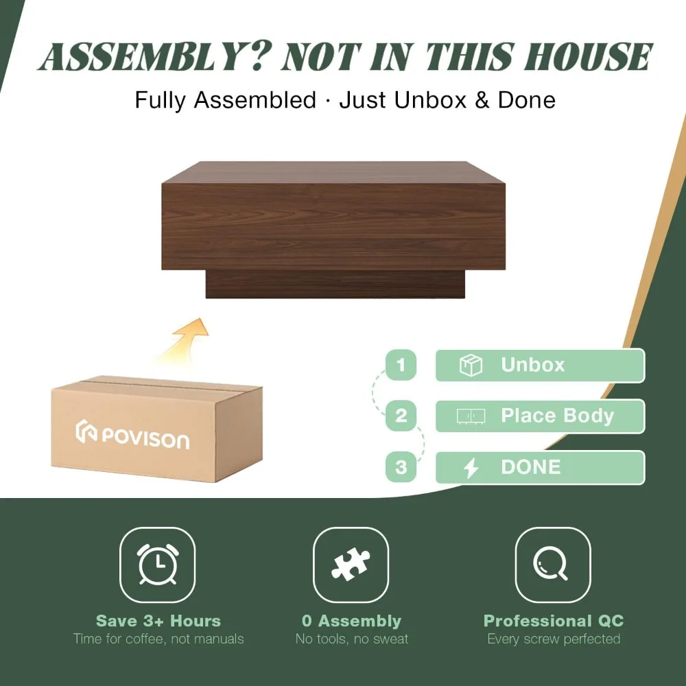 طاولة قهوة مربعة حديثة مع مساحة تخزين، طاولة قهوة خشبية مقاس 35.43 بوصة لطاولة غرفة المعيشة من خشب الجوز، مجمعة بالكامل #3