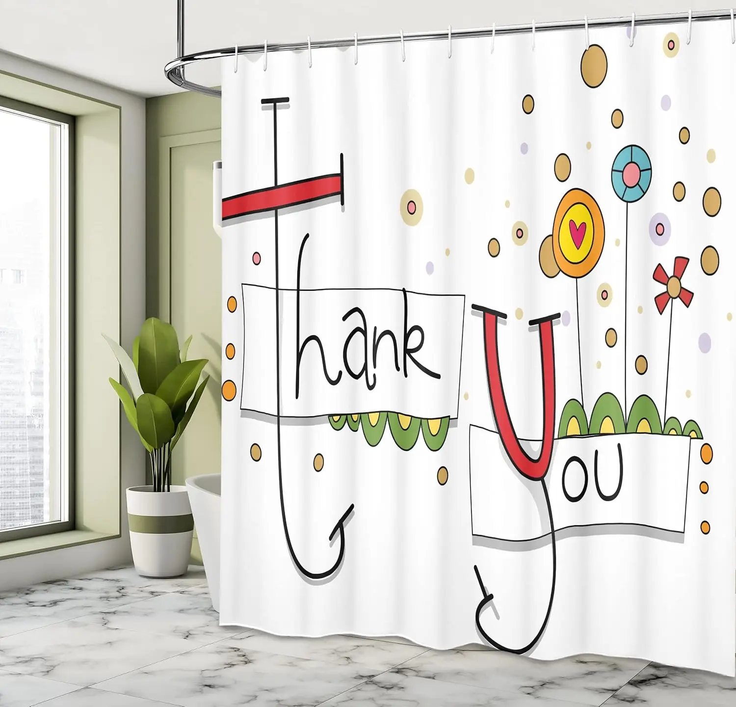 グラフィックアートシャワーカーテン「ありがとう」タイポグラフィック漫画の花、ハート、ドット、楽しい抽象的なデザイン付き