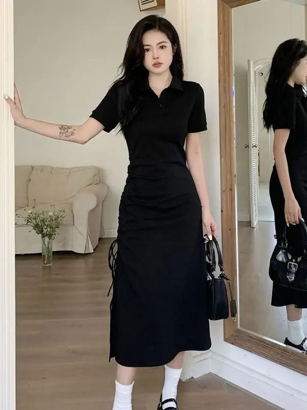 

plus Size Women's Black Dress Drawstring Design Summer New Folded Waist Opening Long Skirt Casual Slimming Polyester Fiber