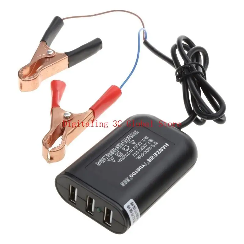  USB Power Adapter 12V 24V to 5V 2.1A with Battery Clip 3 Ports Charging Adapter