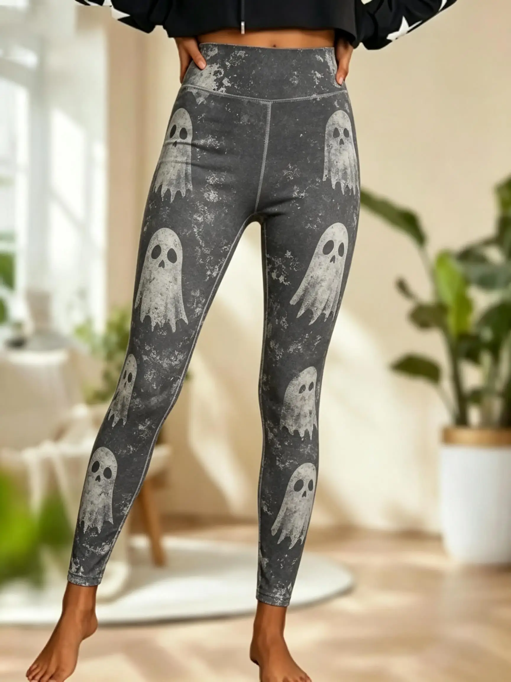 Women Halloween Fleece Mid‑Rise Leggings Galaxy Ghost Spirit Full Print Stretch Slim Pants