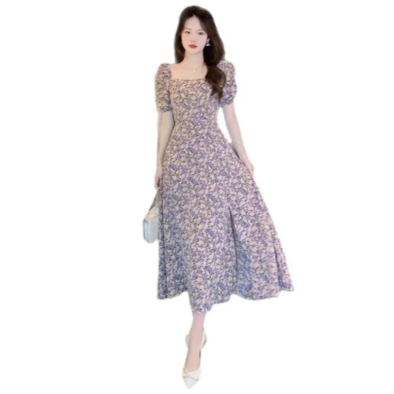 Abito Lungo Estivo da Donna Stile Socialite Xiaoxiangfeng con Spacco in Vita, Linea ad A, Scollo Quadrato Francese, Maniche a Palloncino e Motivo Floreale