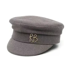 Fashion Cotton Newsboy Cap with Handmade Metal Letter Label Short Brim Women's Navy Style Beret Flat Visor Caps