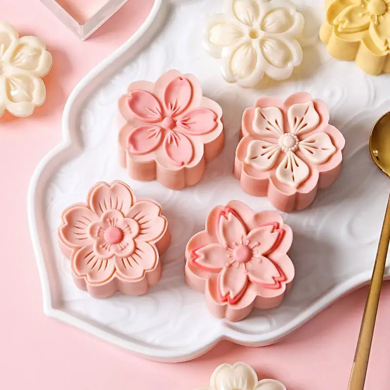 Mid Autumn Festival Round Mooncake Mold Cherry Blossom Shape Pastry Tools DIY Fondant Cake Decoration Tools Hand Press Mold