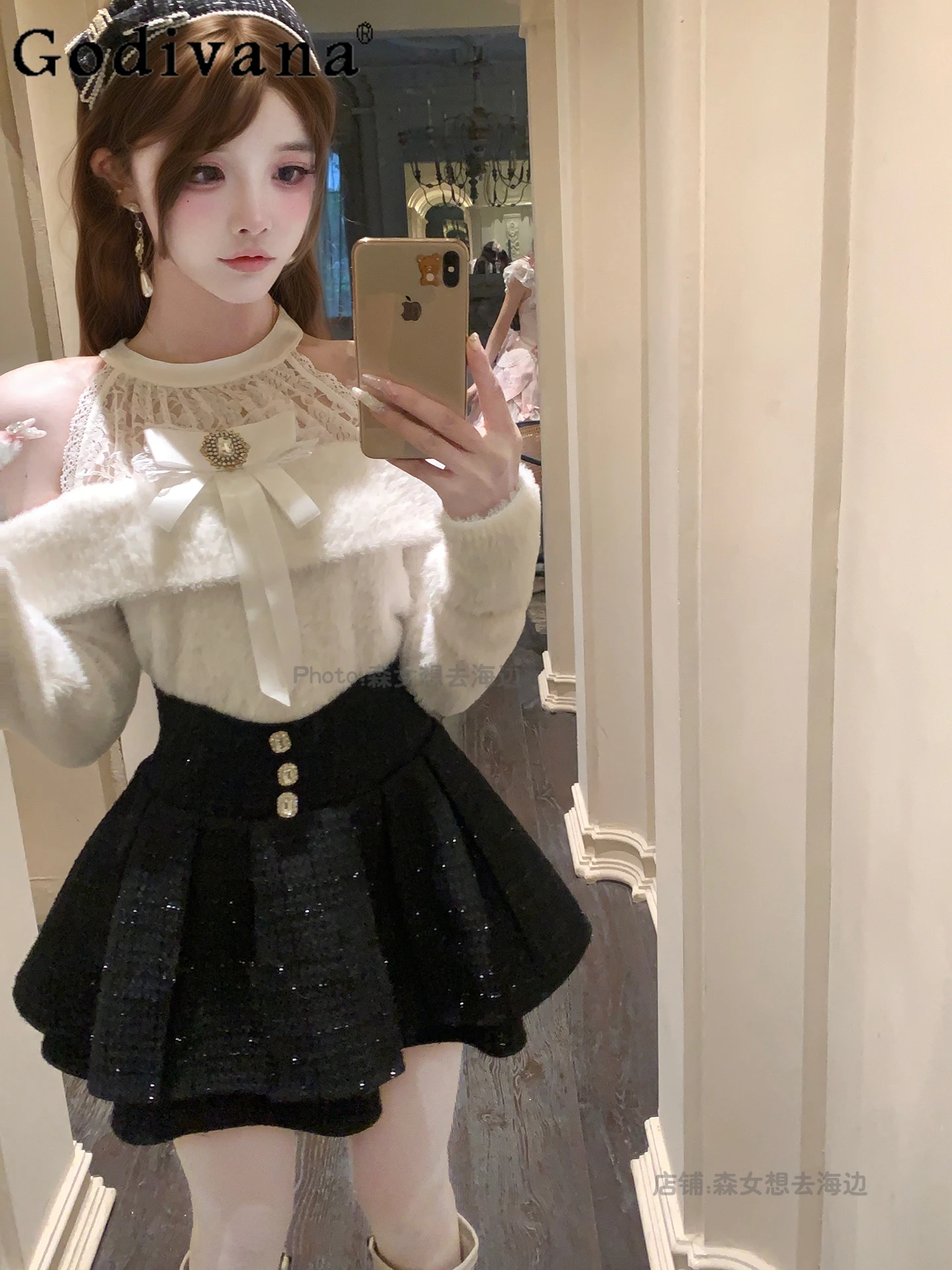 

Japanese Original Lolita Sweet Girl Dress Autumn Winter Thickened Warm Knitted Off-Shoulder Bow Long Sleeve Dress