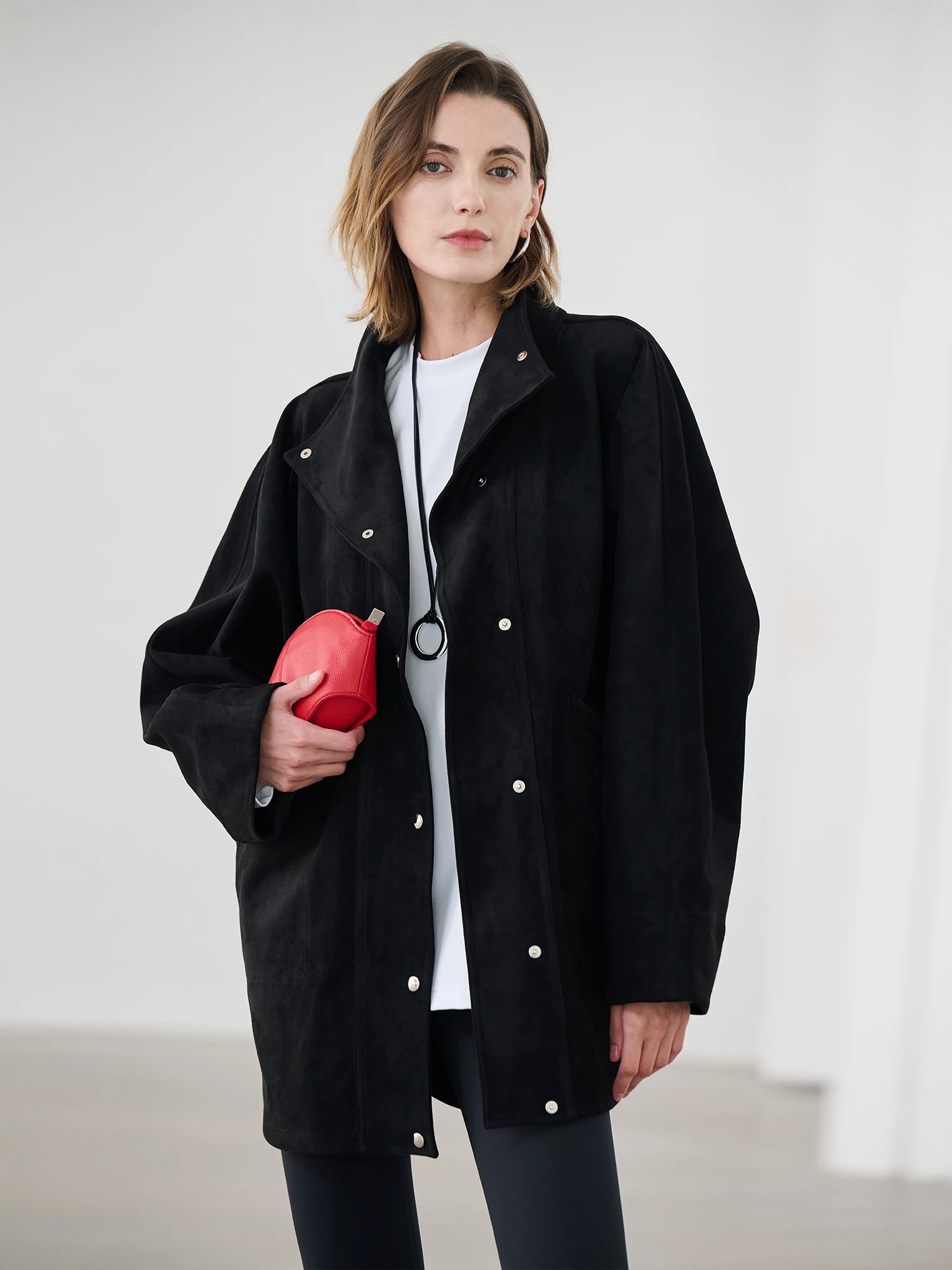 CE&MO Autumn Winter Premium Eco-Friendly Suede Batwing Sve Loose A-Line Workwear Jaet Leather Coat Women's Faion