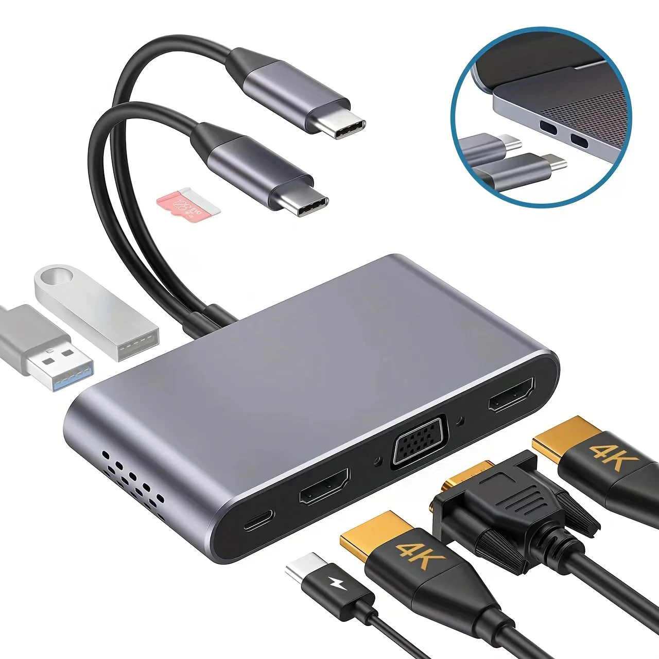 

Docking Station With PD Charging 8 In 2 Type C Adapter Multiport USB3.0/2.0 Ports, Card Reader Compatible MacBook Air/Pro