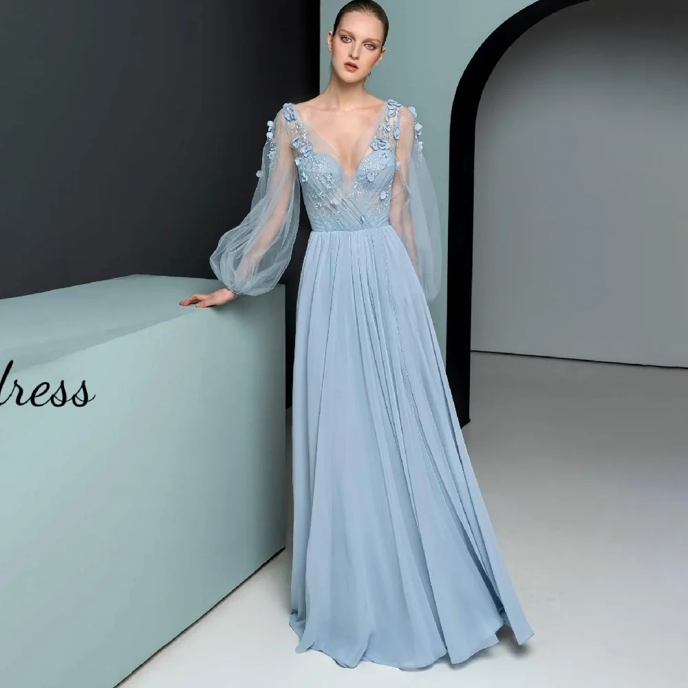 

Customized Exquisite V-neck A-line Lace Applique Evening Dress Charming Prom Dress Long Sleeve Party Gown вечернее платье