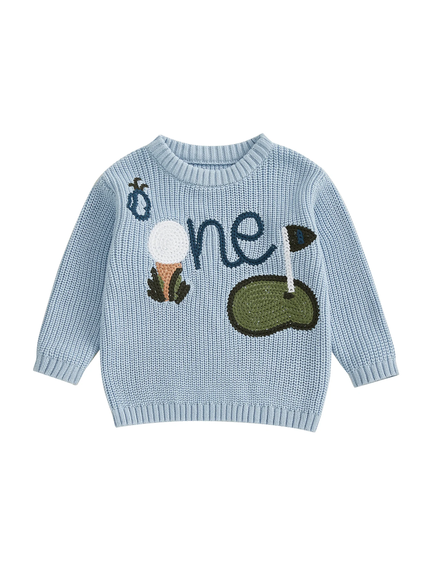 Осенний свитер-пуловер для маленьких мальчиков с вышитым дизайном гольфа в рубчик с круглым вырезом и длинными рукавами для уютного трикотажа