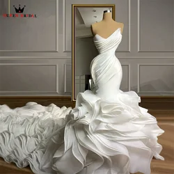 Sexy Mermaid Wedding Dresses Strapless Ruffle Train Tulle Long Formal Bridal Gown Custom Make DJ102