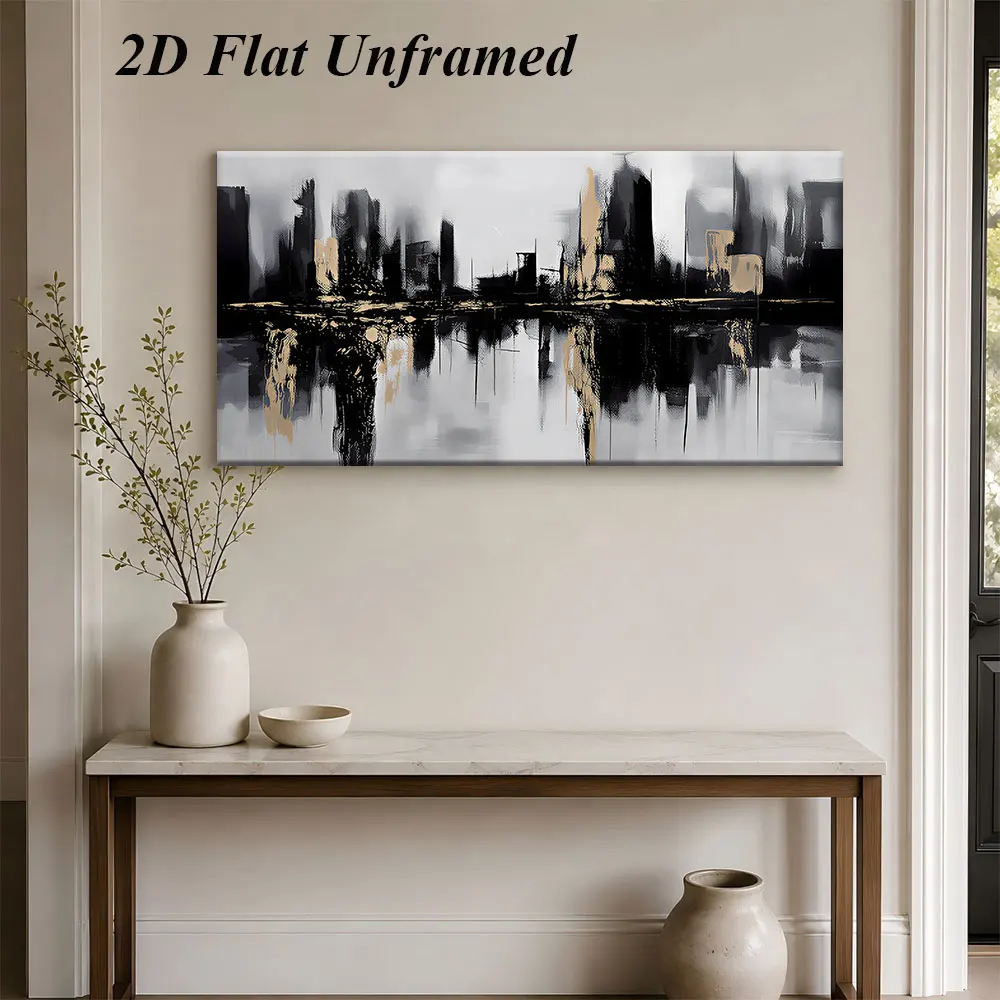 1 modern abstract city reflection decoration painting, black, white, gold, tricolor art, frameless painting, 2D plan