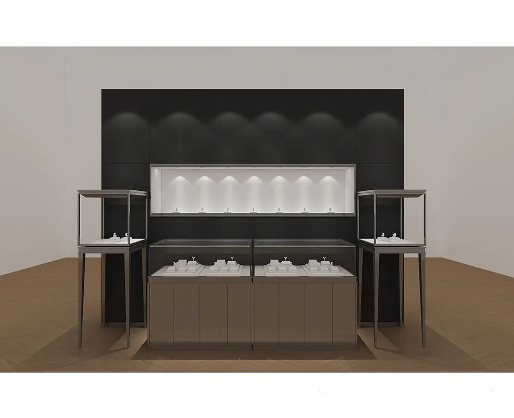 Luxury Stainless Steel Store Furniture LED Light Glass Jewelry Display Showcase Acrylic Glass For Retail Store Use