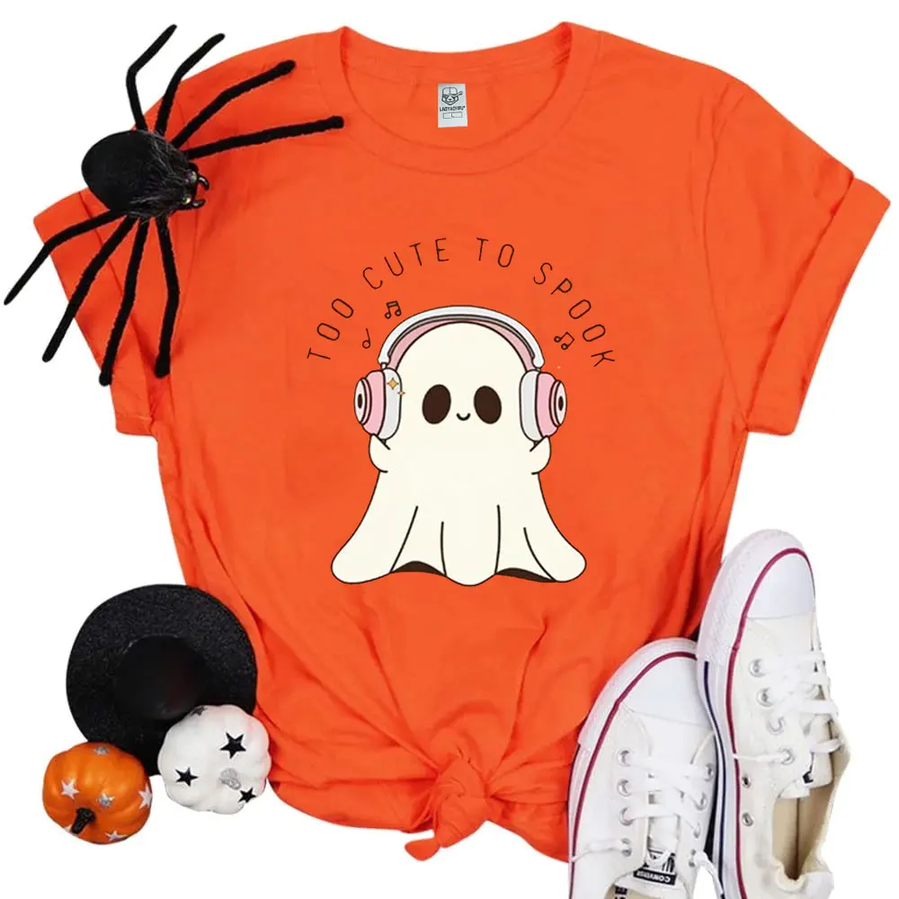 Too Cute To Spooky T-Shirt Halloween Ghost Shirt Music Lover Tee Halloween Party Ghost Headphones Tops Cute Boo Orange Tshirt