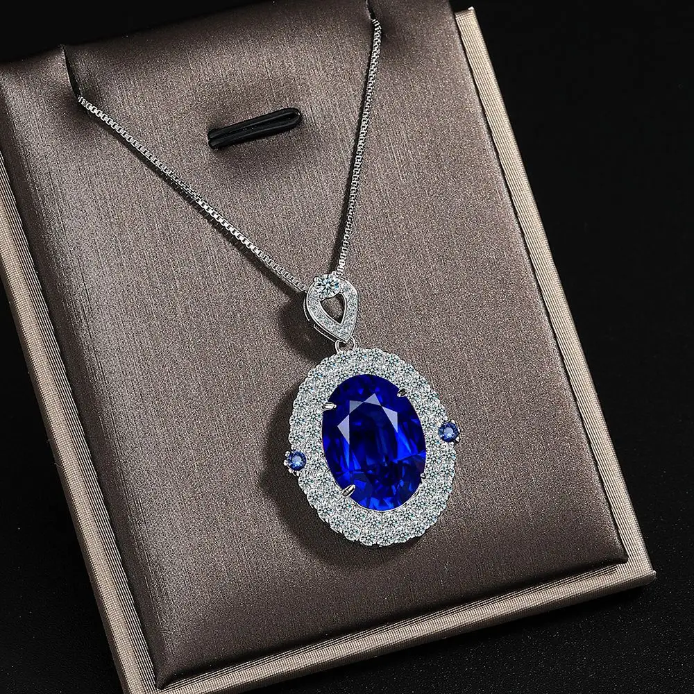 

925 Sterling Silver Light Luxury Elegant Sea Blue Zircon Pendant Necklace Birthday Party Anniversary Wedding Gift