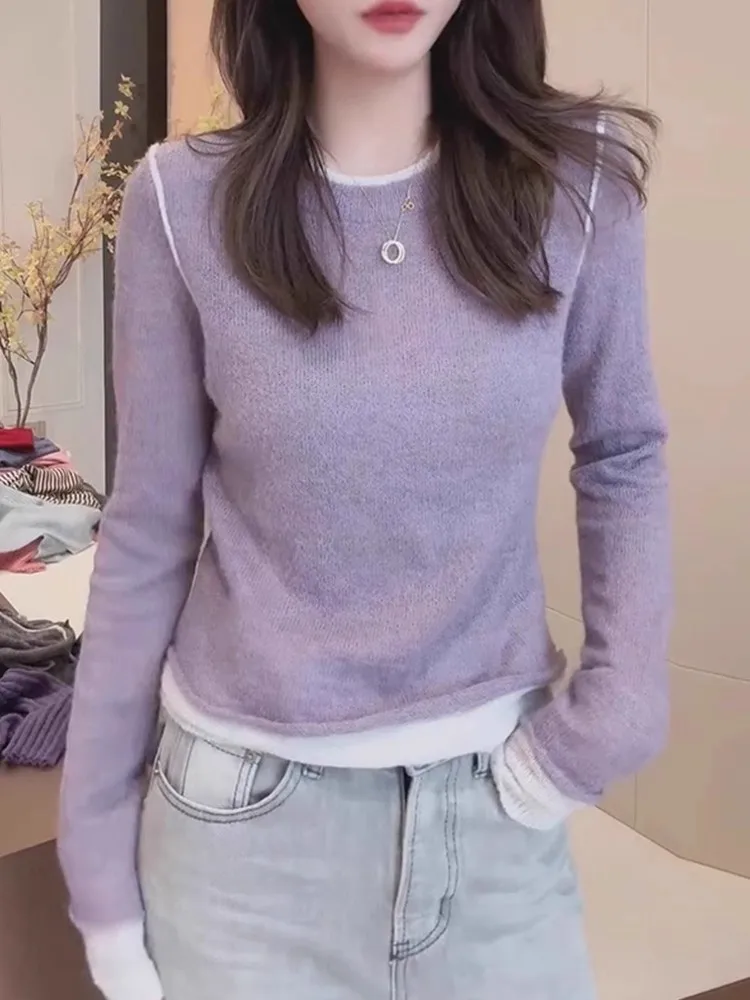 

Женский облегающий вязаный свитер с длинным рукавом, базовый топ для ношения под одеждой, повседневный, с дизайнерскими вставками, тонкий, с круглым вырезом